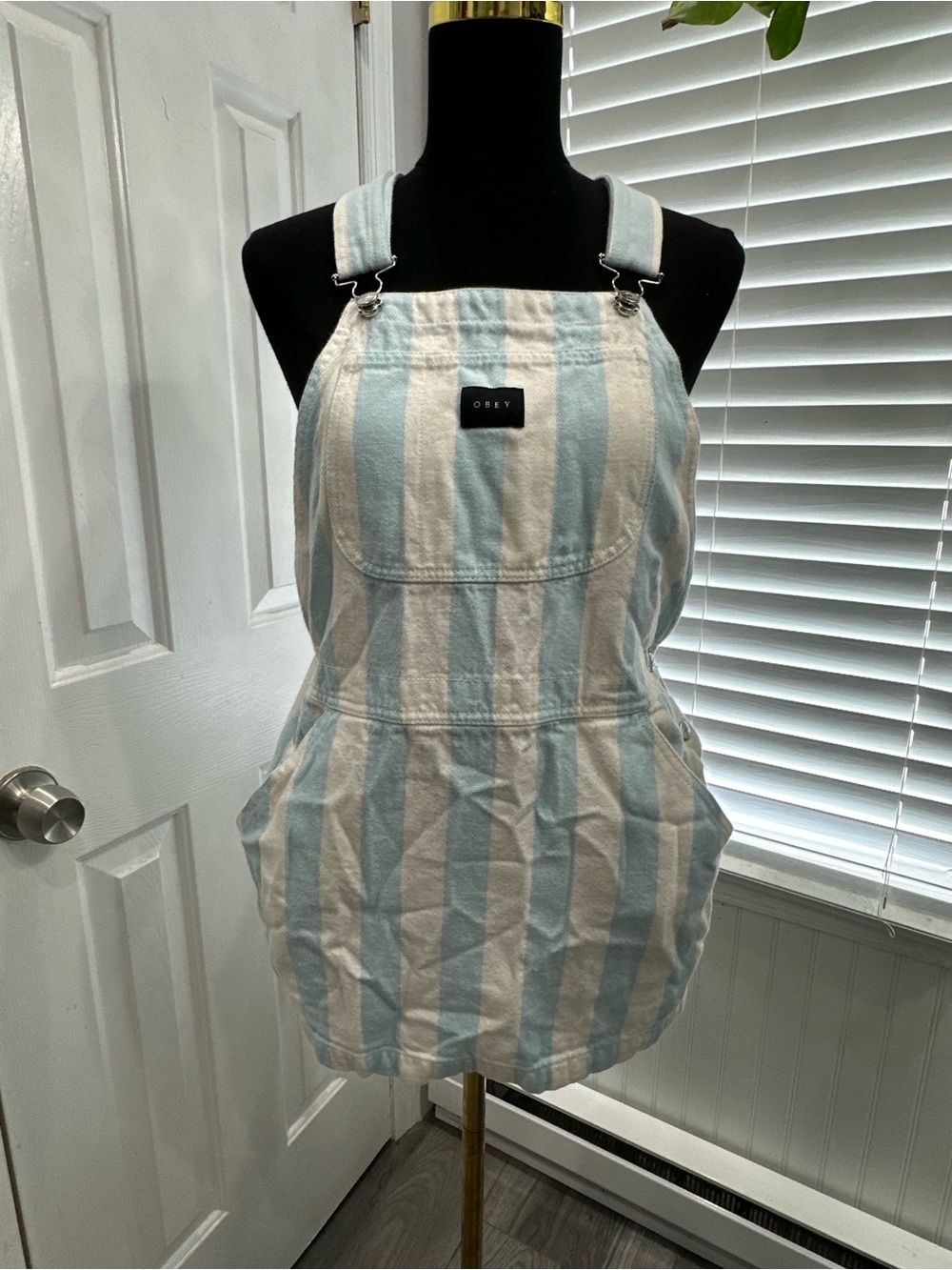 Obey Women's Striped Cotton Overall Romper in Light Blue and White
